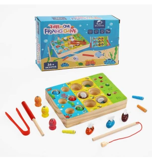 Логічна гра C 65628 (48шт) дерев’яна магнітна риболовля хробаки бджілки магнітна паличка вудка щипці