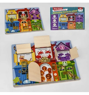 Бізіборд дерев'яний С 49417 (20шт) “Квартирки з тваринами” 6 видів замочків що відкриваються віконця