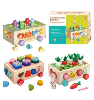 Каталка логічна 22995 (24шт) "WToys" дерев'яна 3 в 1 сортер 1 тематична гра каталка на коліщатах у к
