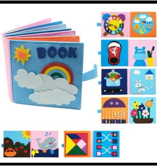 М'яка книга-бізіборд C 70904 (32шт) фетр годинник шнурівка рухомі намистини елементи на липучках у 