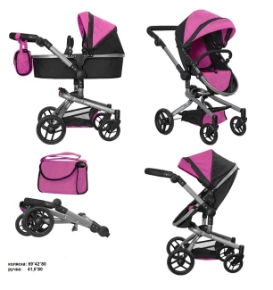 Коляска для ляльки 2в1 CARRELLO FORTUNA 9695 ROSE RED (1шт) з сумкою металева у коробці 54,5*14,5*38
