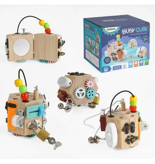 Бізіборд дерев'яний C 64873 (48шт) дерев’яний куб 10 міні-ігор у коробці  