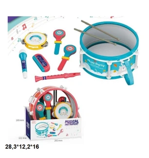 Музичні інструменти дитячі 3501E (24шт) набір 7 шт у барабані 2 види у коробці 28,3*12,2*16 см