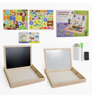 Дерев'яна магнітна дошка 16057 (36шт) "WToys" магніти фломастер губка для стирання крейда у коробці 