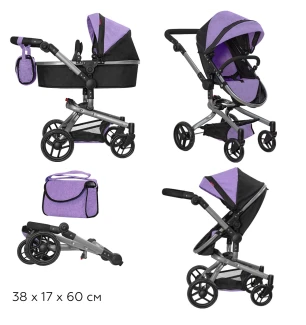 Коляска для ляльки 2в1 CARRELLO FORTUNA 9695 PURPLE (1шт) з сумкою металева у коробці 54,5*14,5*38,5