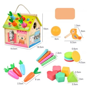 Будиночок логічний C 68839 (18шт) дерев'яний сортер годинник з рухомими стрілками дверцята з металев