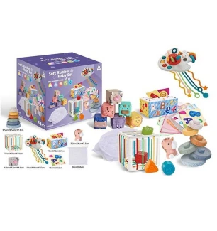 Набір для розвитку 1296 (18шт) 34 елементи кубики брязкальця прорізувачі фігурка пірамідка серветки