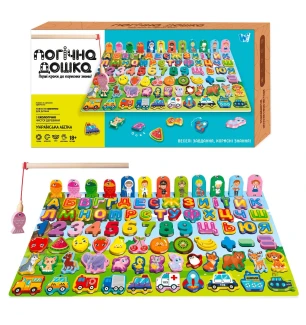 Логічна дерев’яна дошка 31592 (40шт) "WToys" математичний+фруктовий сортер транспорт літери магнітна